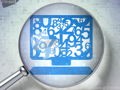 Image of Education concept: Computer Pc with optical glass on digital background