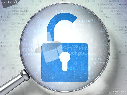 Image of Privacy concept: Opened Padlock with optical glass on digital background