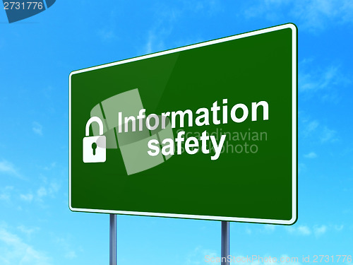 Image of Safety concept: Information Safety and Closed Padlock on road sign background