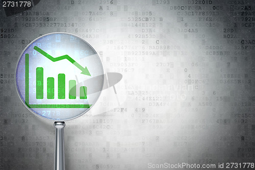 Image of News concept:  Decline Graph with optical glass on digital background