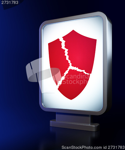 Image of Protection concept: Broken Shield on billboard background
