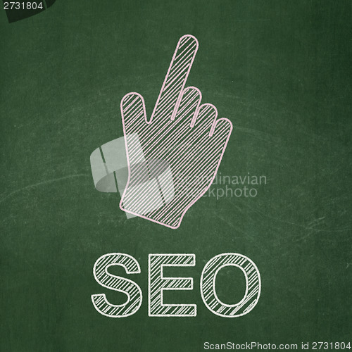 Image of Web development concept: Mouse Cursor and SEO on chalkboard background