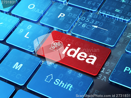Image of Advertising concept: Head With Gears and Idea on computer keyboard background