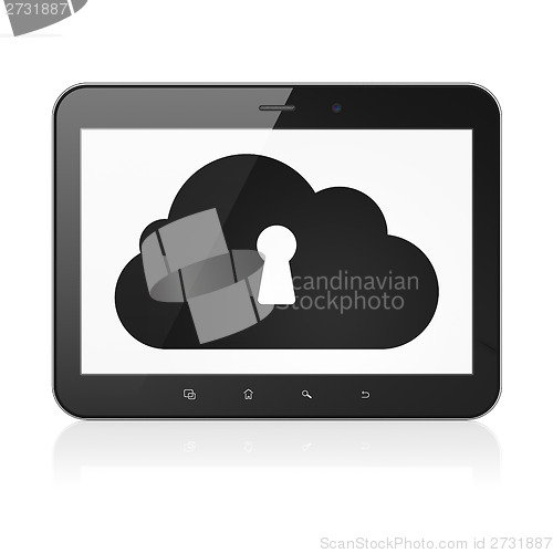 Image of Cloud technology concept: Cloud With Keyhole on tablet pc computer