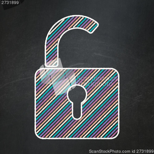 Image of Data concept: Opened Padlock on chalkboard background