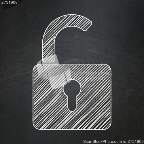 Image of Protection concept: Opened Padlock on chalkboard background