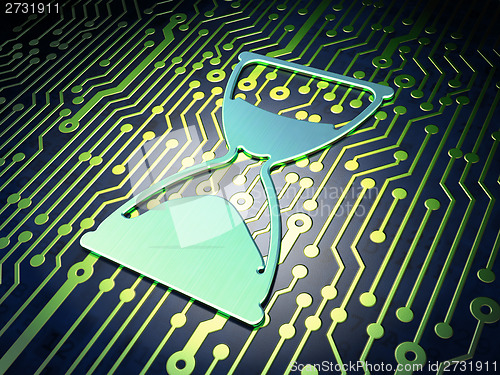 Image of Timeline concept: Hourglass on circuit board background