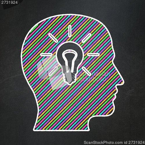 Image of Marketing concept: Head With Light Bulb on chalkboard background
