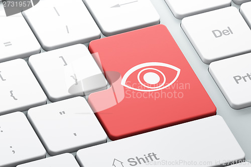 Image of Safety concept: Eye on computer keyboard background