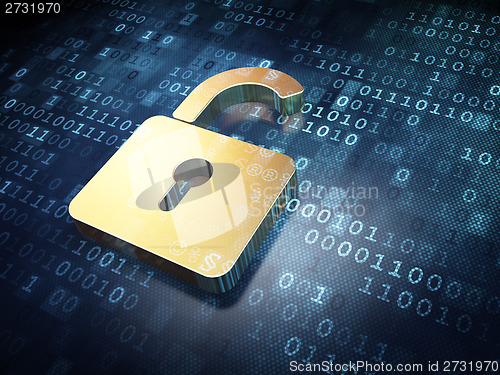 Image of Data concept: Golden Opened Padlock on digital background