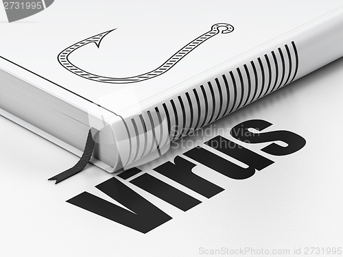 Image of Safety concept: book Fishing Hook, Virus on white background