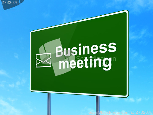 Image of Finance concept: Business Meeting and Email on road sign background
