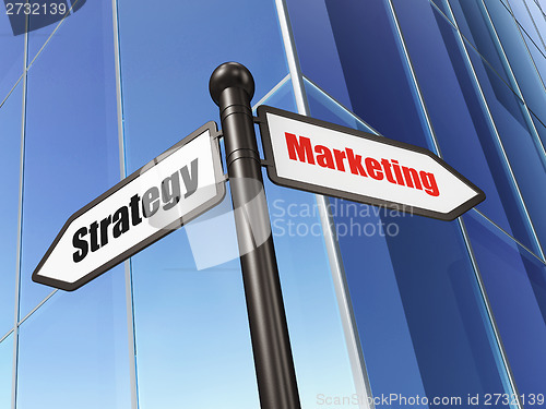 Image of Advertising concept: sign Marketing Strategy on Building background