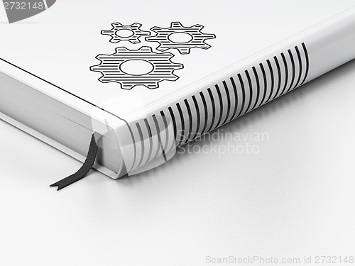 Image of Business concept: closed book, Gears on white background