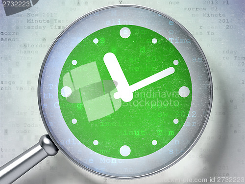 Image of Time concept: Clock with optical glass on digital background