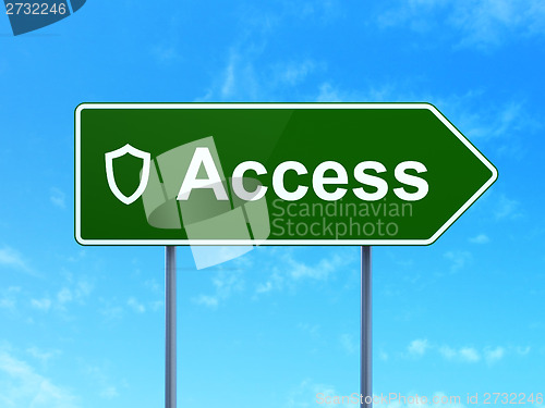 Image of Privacy concept: Access and Contoured Shield on road sign background