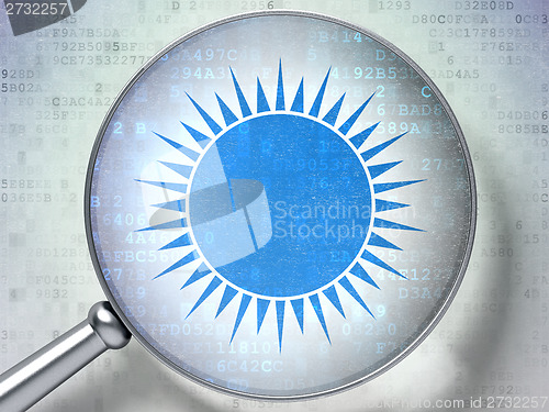 Image of Travel concept: Sun with optical glass on digital background