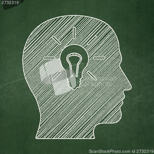 Image of Education concept: Head With Light Bulb on chalkboard background