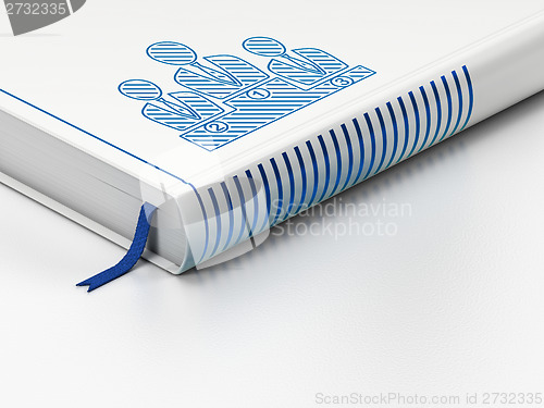 Image of Advertising concept: closed book, Business Team on white background