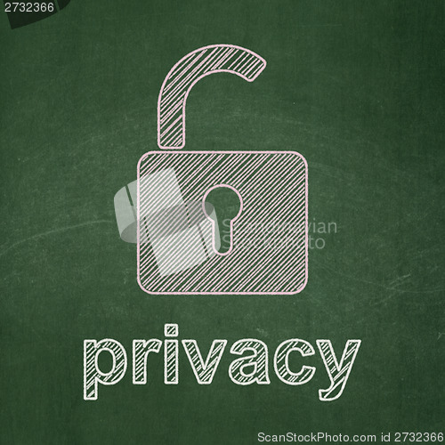 Image of Security concept: Opened Padlock and Privacy on chalkboard background