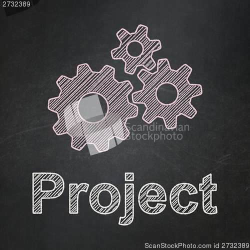 Image of Business concept: Gears and Project on chalkboard background