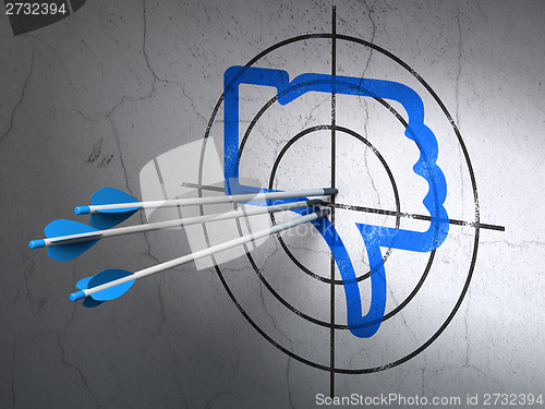 Image of Social media concept: arrows in Thumb Down target on wall background