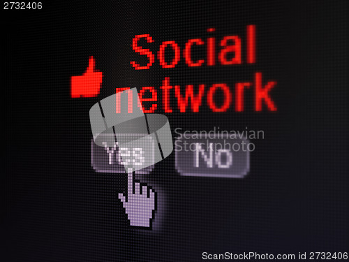 Image of Social media concept: Thumb Up icon and Social Network on digital computer screen