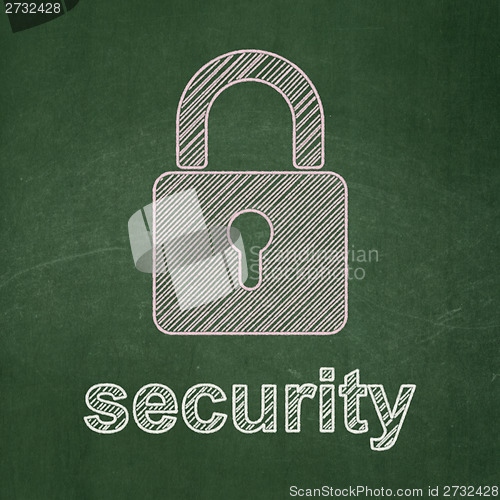 Image of Privacy concept: Closed Padlock and Security on chalkboard background