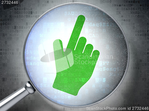 Image of Advertising concept: Mouse Cursor with optical glass on digital background