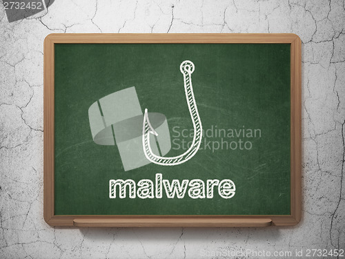 Image of Security concept: Fishing Hook and Malware on chalkboard background