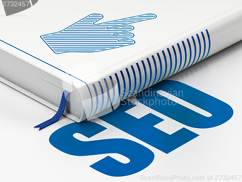 Image of Web development concept: book Mouse Cursor, SEO on white background