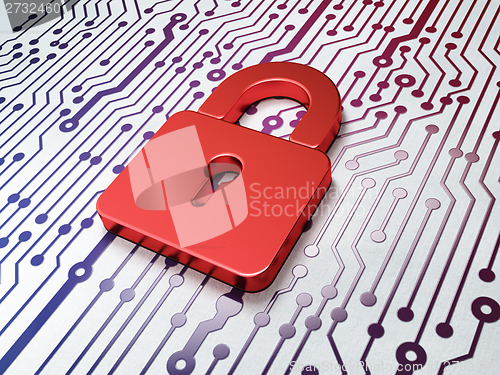 Image of Protection concept:  Closed Padlock on Circuit Board background