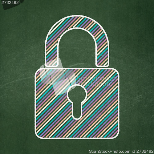 Image of Protection concept: Closed Padlock on chalkboard background