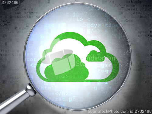 Image of Cloud technology concept: Cloud with optical glass on digital background