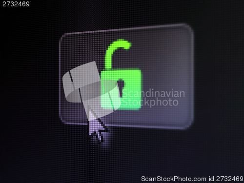 Image of Privacy concept: Opened Padlock on digital button background
