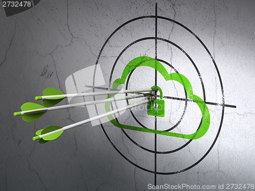 Image of Cloud computing concept: arrows in Cloud With Padlock target on wall background