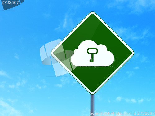 Image of Cloud technology concept: Cloud With Key on road sign background