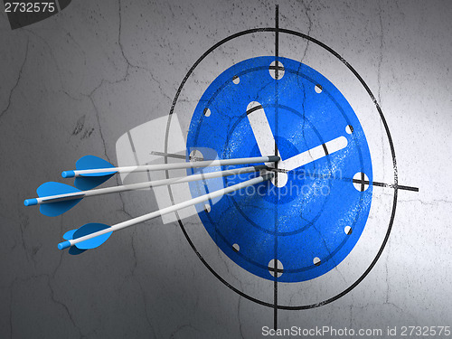 Image of Timeline concept: arrows in Clock target on wall background