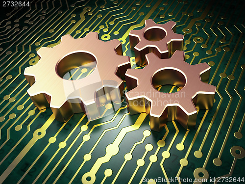 Image of Advertising concept: Gears on circuit board background