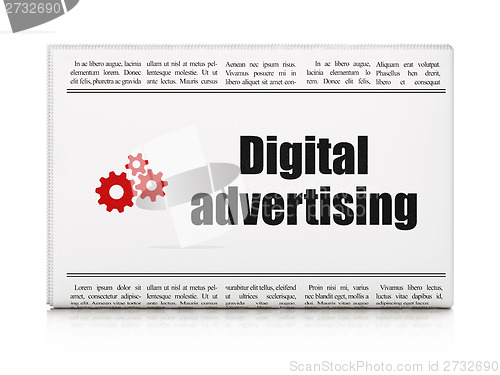 Image of Advertising concept: newspaper with Digital Advertising and Gears
