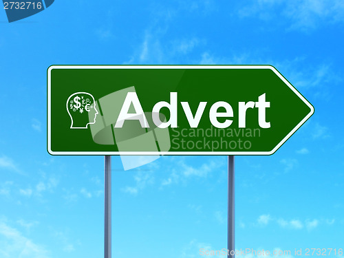 Image of Advertising concept: Advert and Head With Finance Symbol on road sign background