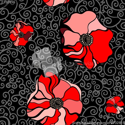 Image of Red poppies on gray background. Seamless pattern