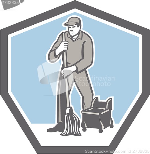 Image of Cleaner Janitor Mopping Floor Retro Shield