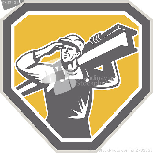 Image of Construction Steel Worker Carrying I-Beam Retro