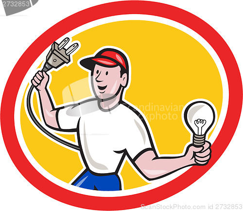 Image of Electrician Holding Electric Plug and Bulb Cartoon