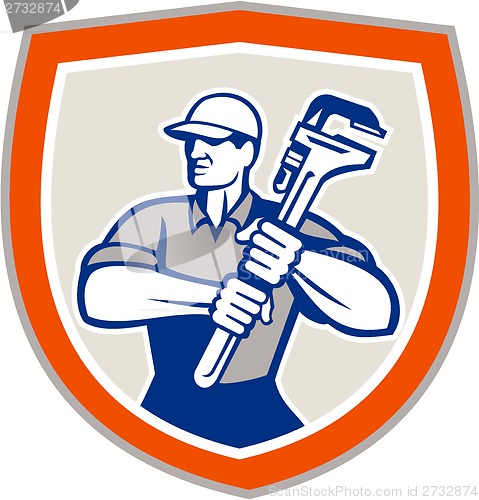 Image of Plumber Holding Giant Monkey Wrench Shield 