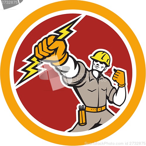 Image of Electrician Wielding Lightning Bolt Circle Retro