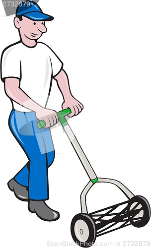 Image of Gardener Mowing Lawn Cartoon
