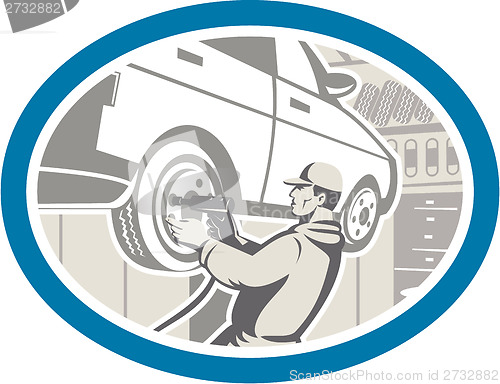 Image of Mechanic Changing Car Tire Repair Retro