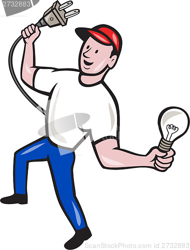 Image of Electrician Hold Electric Plug and Bulb Cartoon